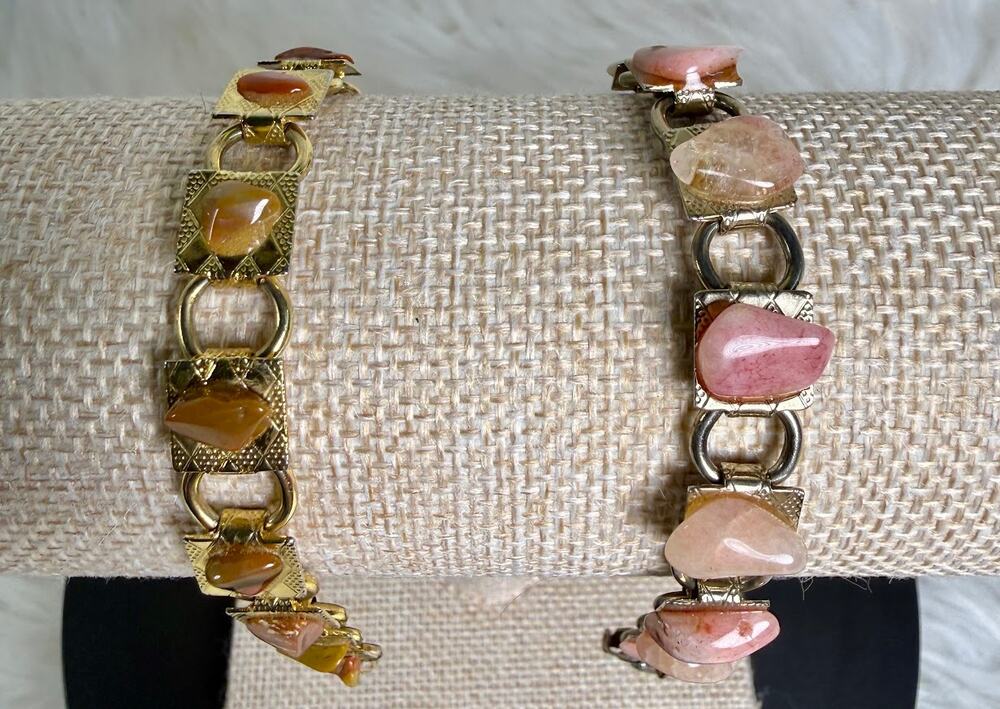 2 Vintage Souvenir Shop Tumbled Rock Stone & Metal Bracelets-Colorado-Pink Brown